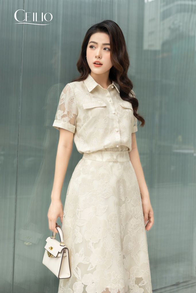 SM179 CG sơ mi tay cộc ren- CV115 chân váy ren ép