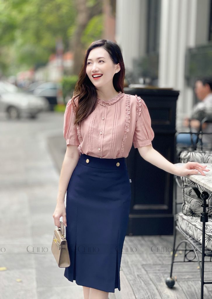 EH SM22 Somi xếp ly và bèo dọc vạt cổ bèo