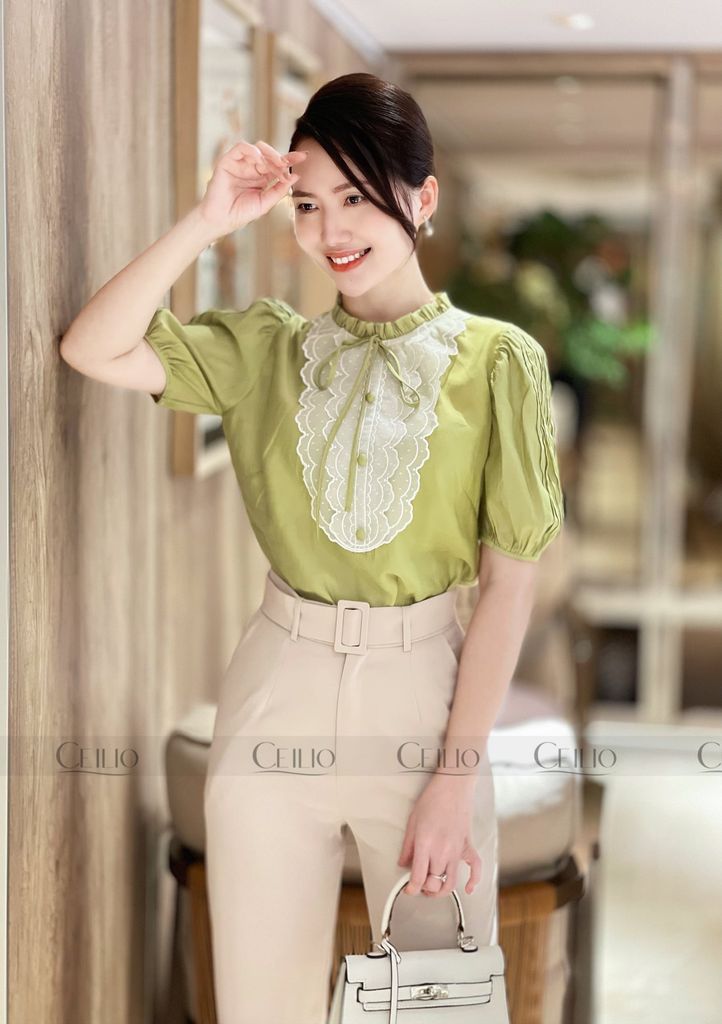 FH SM46 Somi ngực đáp ren cổ bèo dây nơ