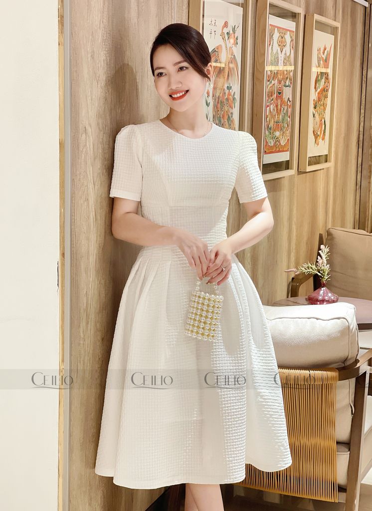FH V45 Đầm xòe cổ tròn họa tiết lưới