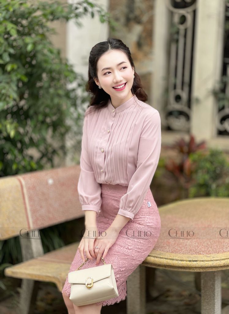 BHSM0267- Sơ mi hồng đỗ cổ trụ xếp li dọc