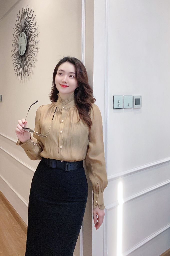 SM185 SƠ MI NÂU TÂY CỔ BÈO CÚC NGỌC TRAI