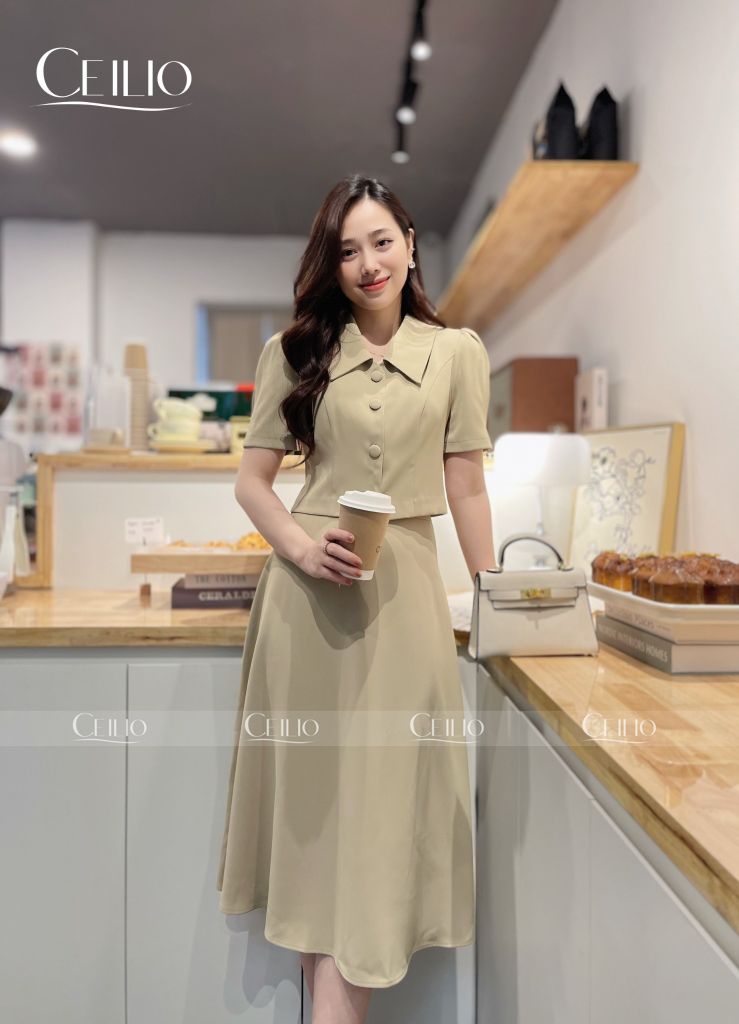 SM102 Olive CD sơ mi cúc bọc-CV108 Olive CD chân váy dáng A (NHẬN CHUYỂN KHOẢN)