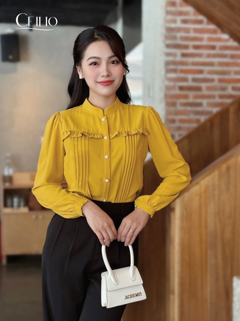 SM204 CI Vàng Sơ mi tơ bèo ngang ngực chiết ly