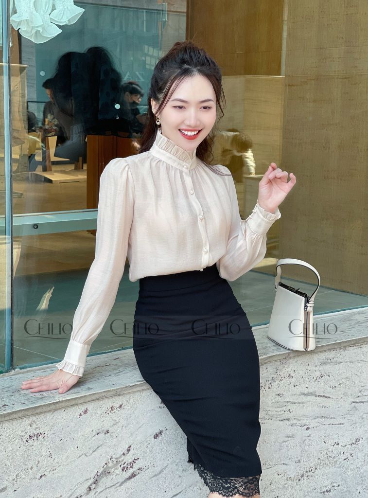 SM224 Somi cổ tàu bèo nẹp cúc ngọc trai