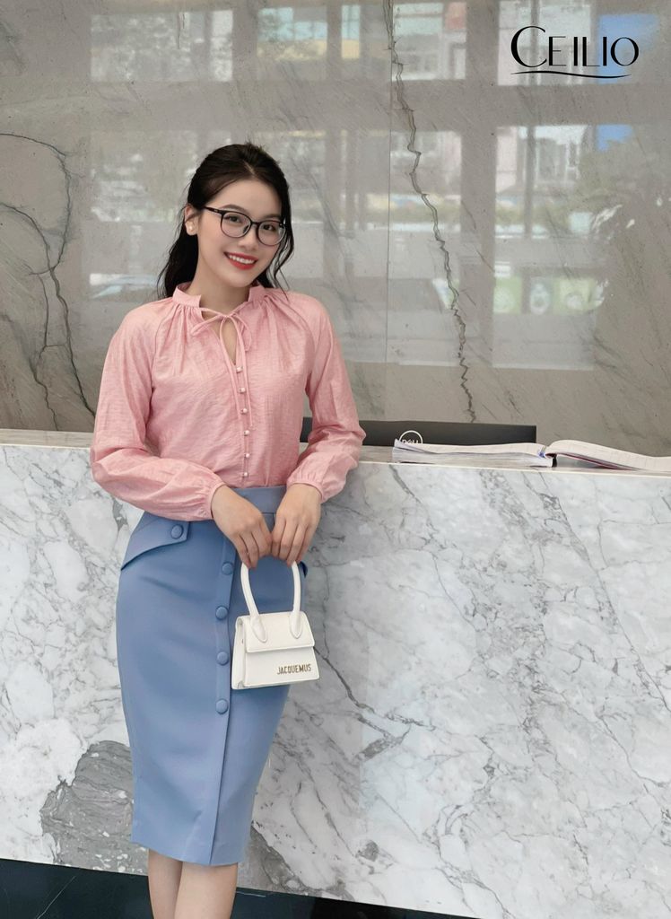 SM186 CH Hồng sơ mi buộc dây cổ