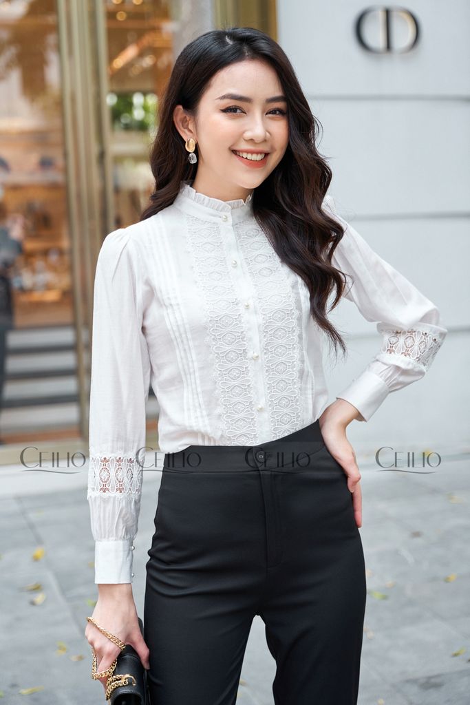 SM229 Somi cổ tàu phối ren nẹp tay dài