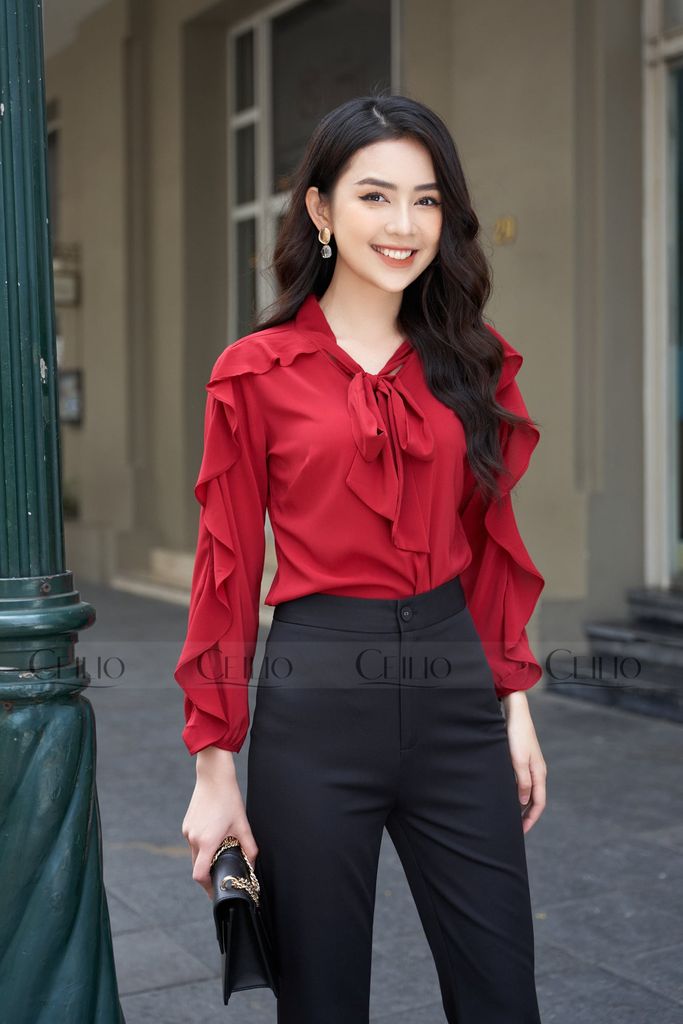 SM266 Somi cổ nơ, ống tay bèo và bo cổ tay