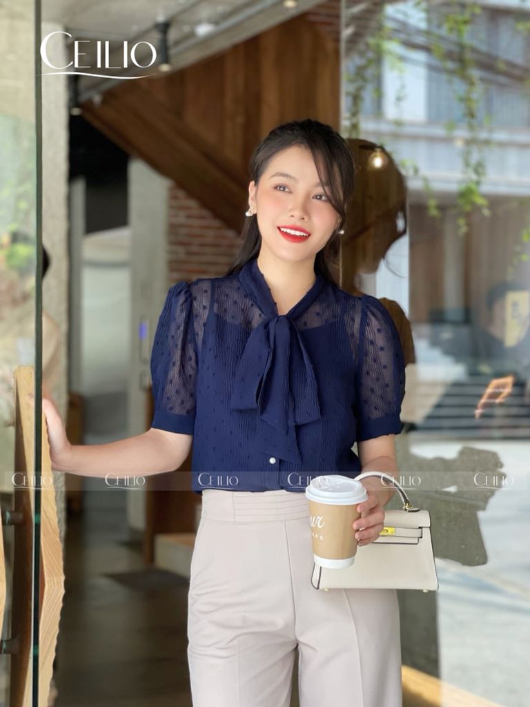SM29 C sơ mi tay cộc cổ nơ (tặng áo 2 dây bên trong)
