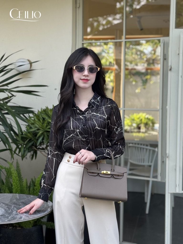 Sơ mi đen họa tiết vân đá SM321