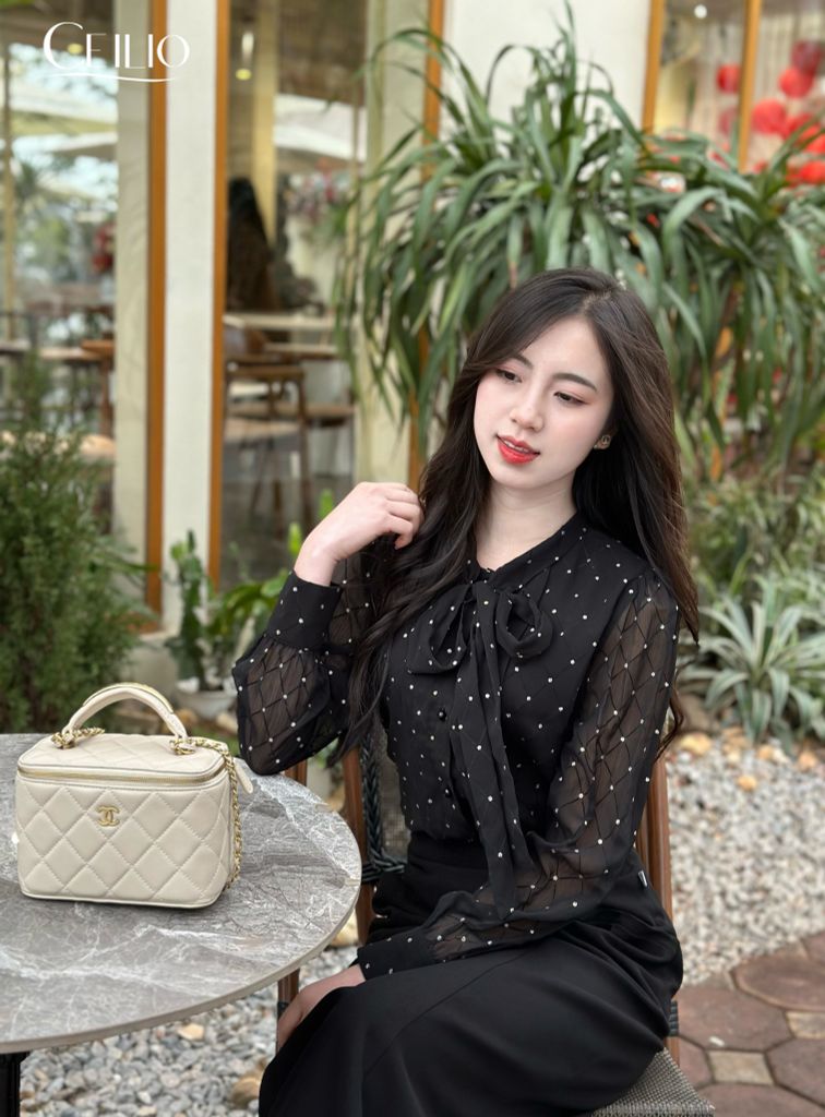 SM503 Somi Tơ Cổ Nơ Chấm Bi