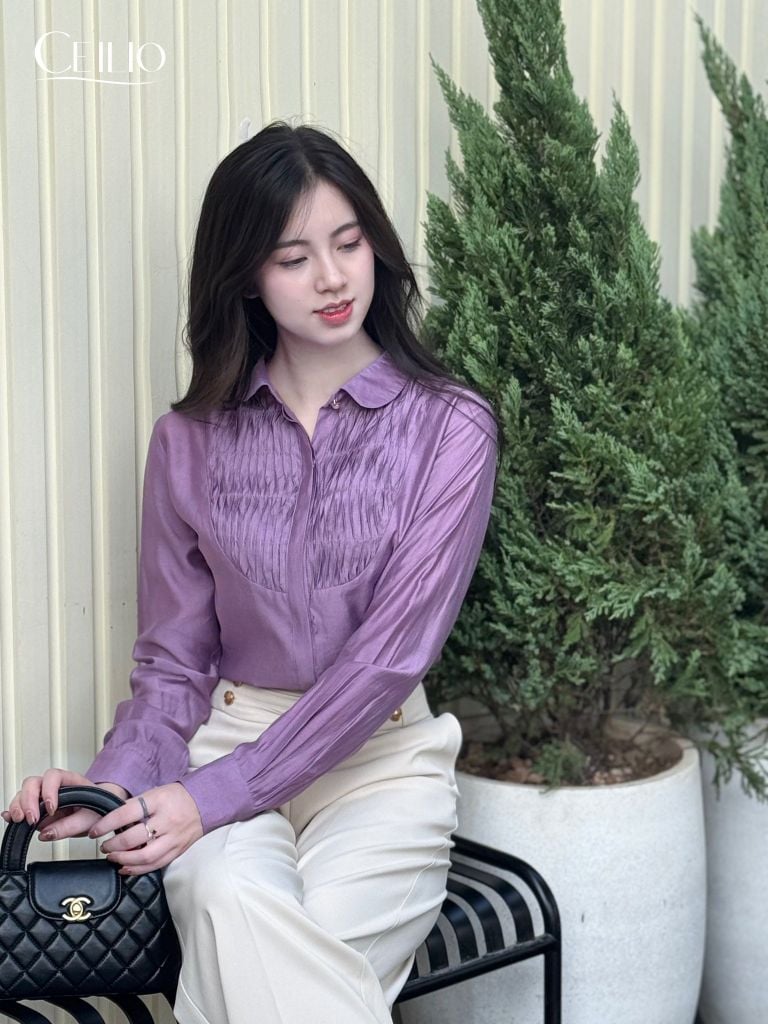 Sơ mi tím chiết ly ngực SM505