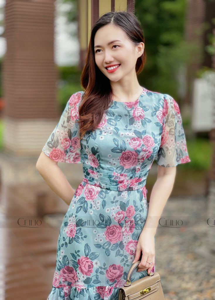 EH V25 Đầm hoa hồng eo xếp ly