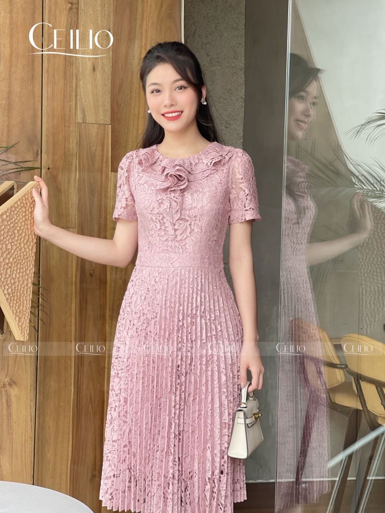 V63 Hồng CD Váy ren chân dập ly