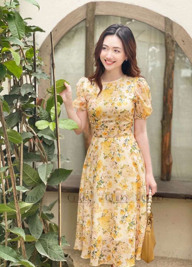 V08 Đầm hoa hồng eo đai xếp ly