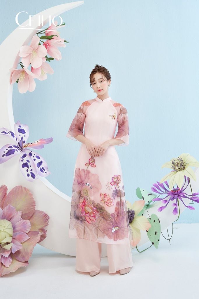 AD037 Áo Dài organza Hồng Liên