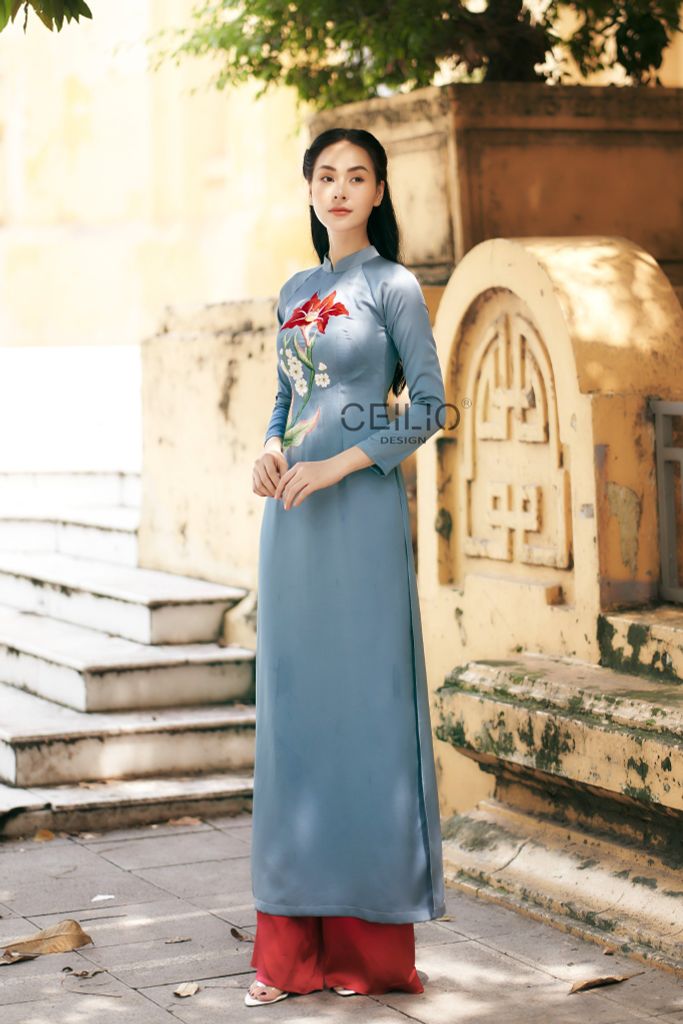 AD184 Áo Dài Thêu Hoa Ly PT
