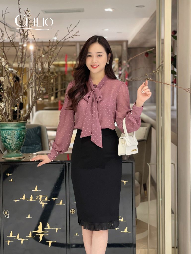 SM117 HM Tím sơ mi cổ nơ