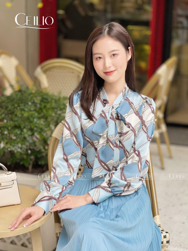 SM134 HM Xanh trắng sơ mi nơ họa tiết dây da