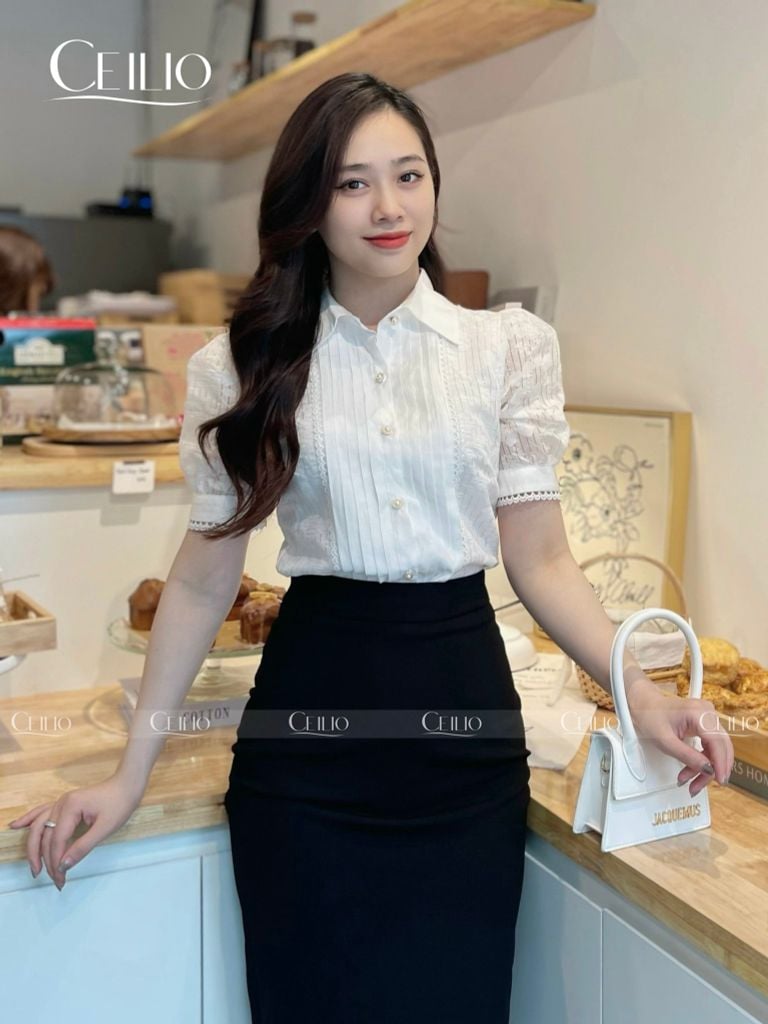 SM48 C TrắngC Trắng sơ mi CT ngực xếp li