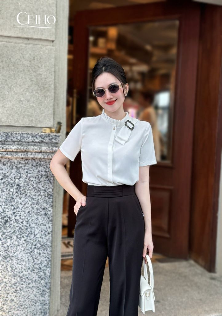 SM319 DE Sơ Mi Cổ Xếp Ly Nơ