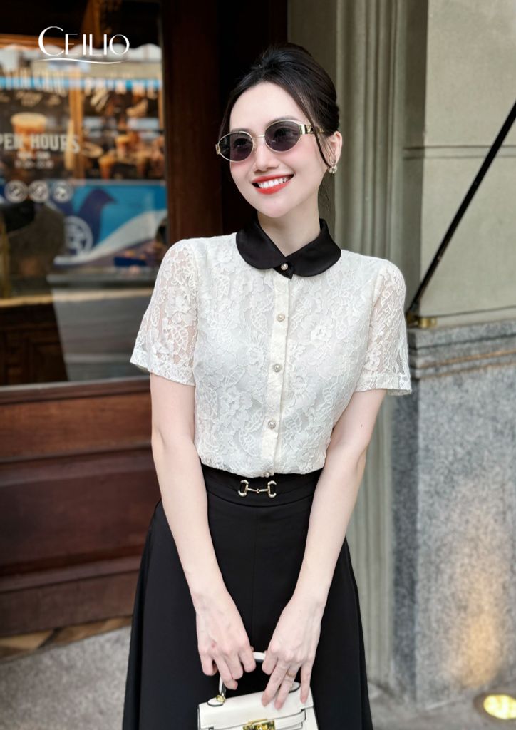 SM318 DE Sơ Mi Ren Đen Cổ Đen