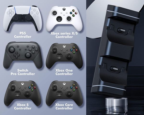 Đế sạc nhanh TiMOVO cho tay cầm PS5/Xbox/Switch Pro, tích hợp đèn LED, cảm biến ngắt sạc