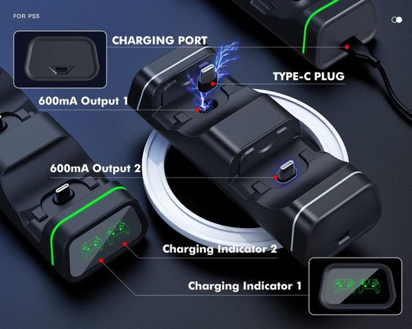 Đế sạc nhanh TiMOVO cho tay cầm PS5/Xbox/Switch Pro, tích hợp đèn LED, cảm biến ngắt sạc
