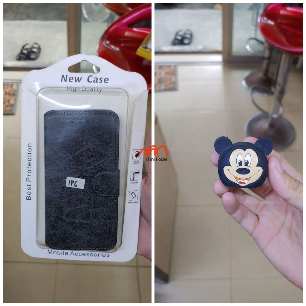 [Mua 1 tặng 1]  Bao da kèm ví dành cho Iphone 6 tặng kèm Bảo vệ cốc sạc hình chuột Mickey