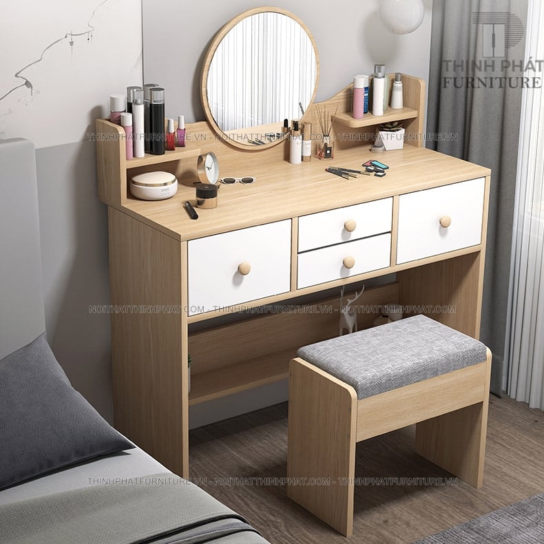 Bàn Trang Điểm Gỗ Công Nghiệp Hiện Đại Kiểu Gương Tròn Đẹp Giá Rẻ BTD01