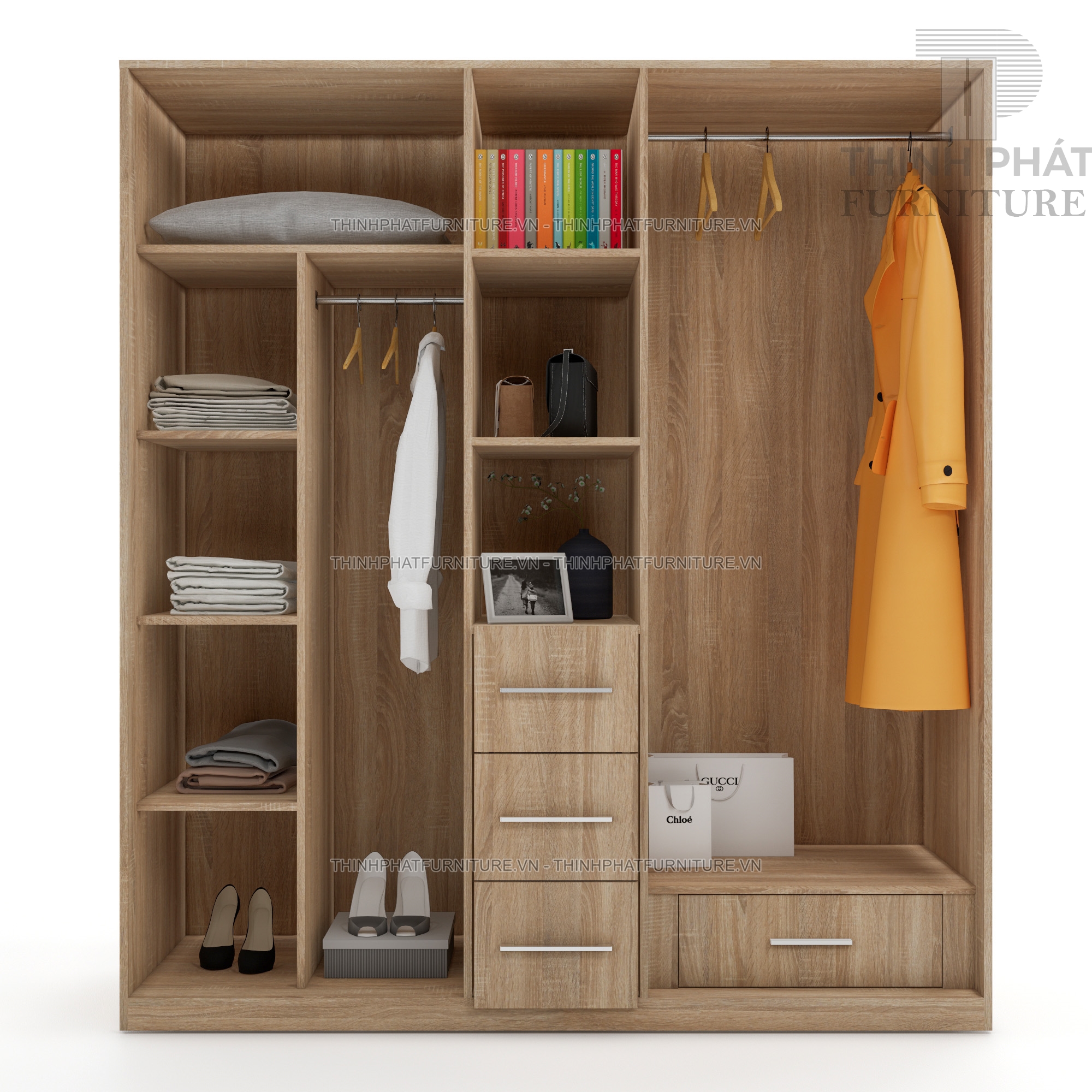 Tủ Quần Áo 2m X 2m, 4 Cánh Mở Kết Hợp Kệ Trang Trí, Thiết Kế Tinh Tế ...
