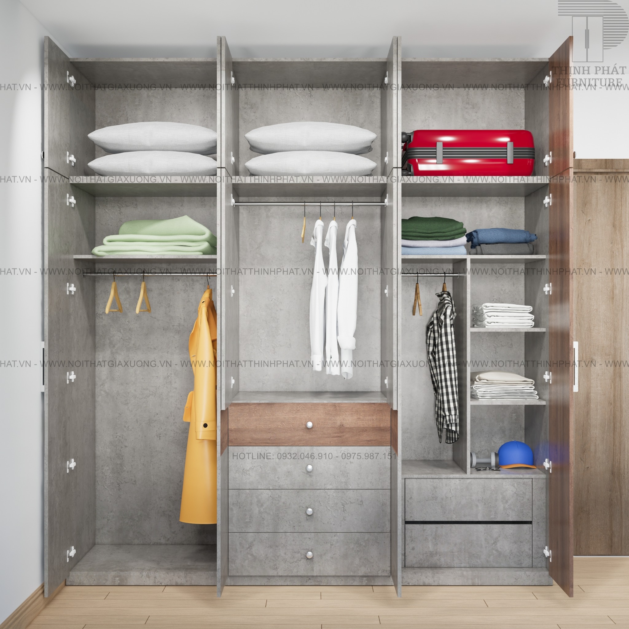 TỦ QUẦN ÁO GỖ CÔNG NGHIỆP MDF 60 ( 2M4 x 2M6) Nội Thất Giá Xưởng