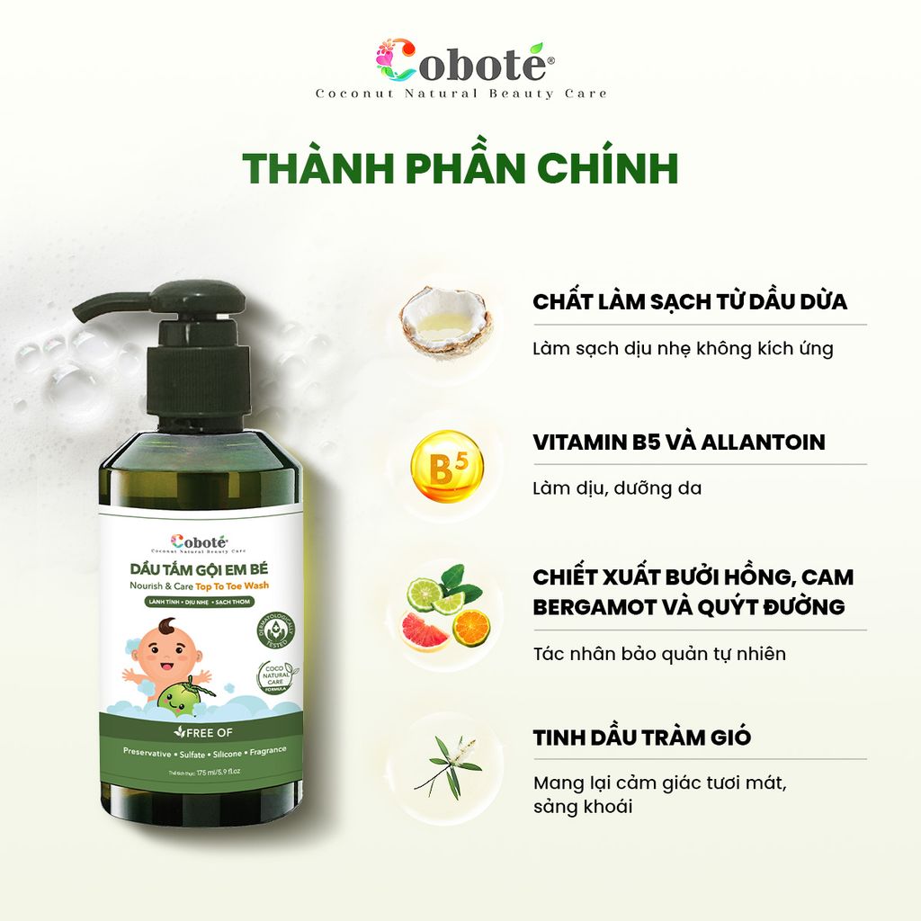 Dầu Tắm Gội Em Bé Coboté - Nourish & Care Top To Toe Wash 170ml