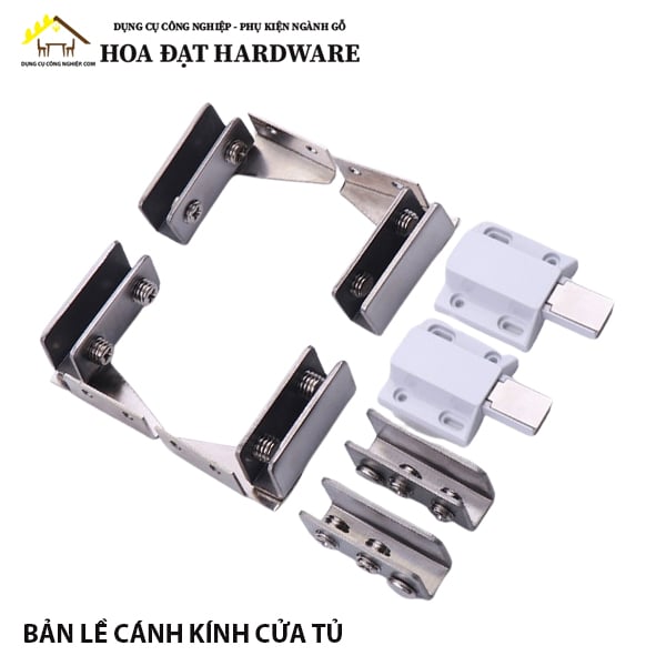 Bản lề kẹp kính inox, chốt nhấn mở đôi, màu trắng Fulsheng