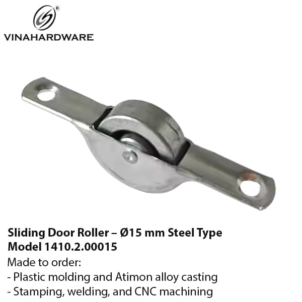 Bánh xe cửa lùa Vinahardware phi 15mm bằng sắt 1410.2.00015