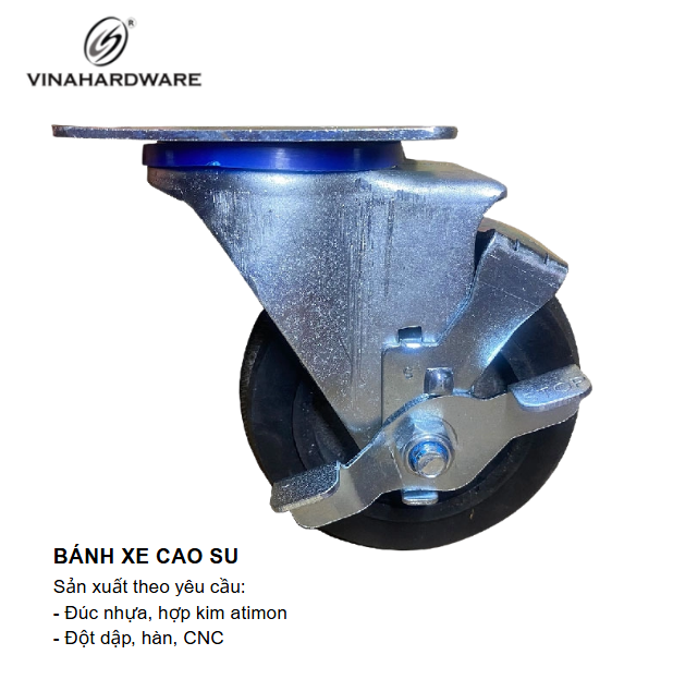 Bánh xe cao su, đế vuông, có khóa Vinahardware