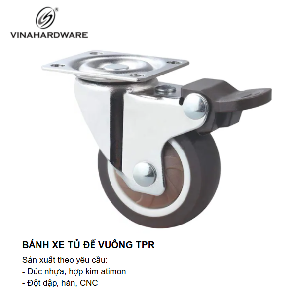 Bánh xe tủ đế vuông TPR, có khóa Vinahardware