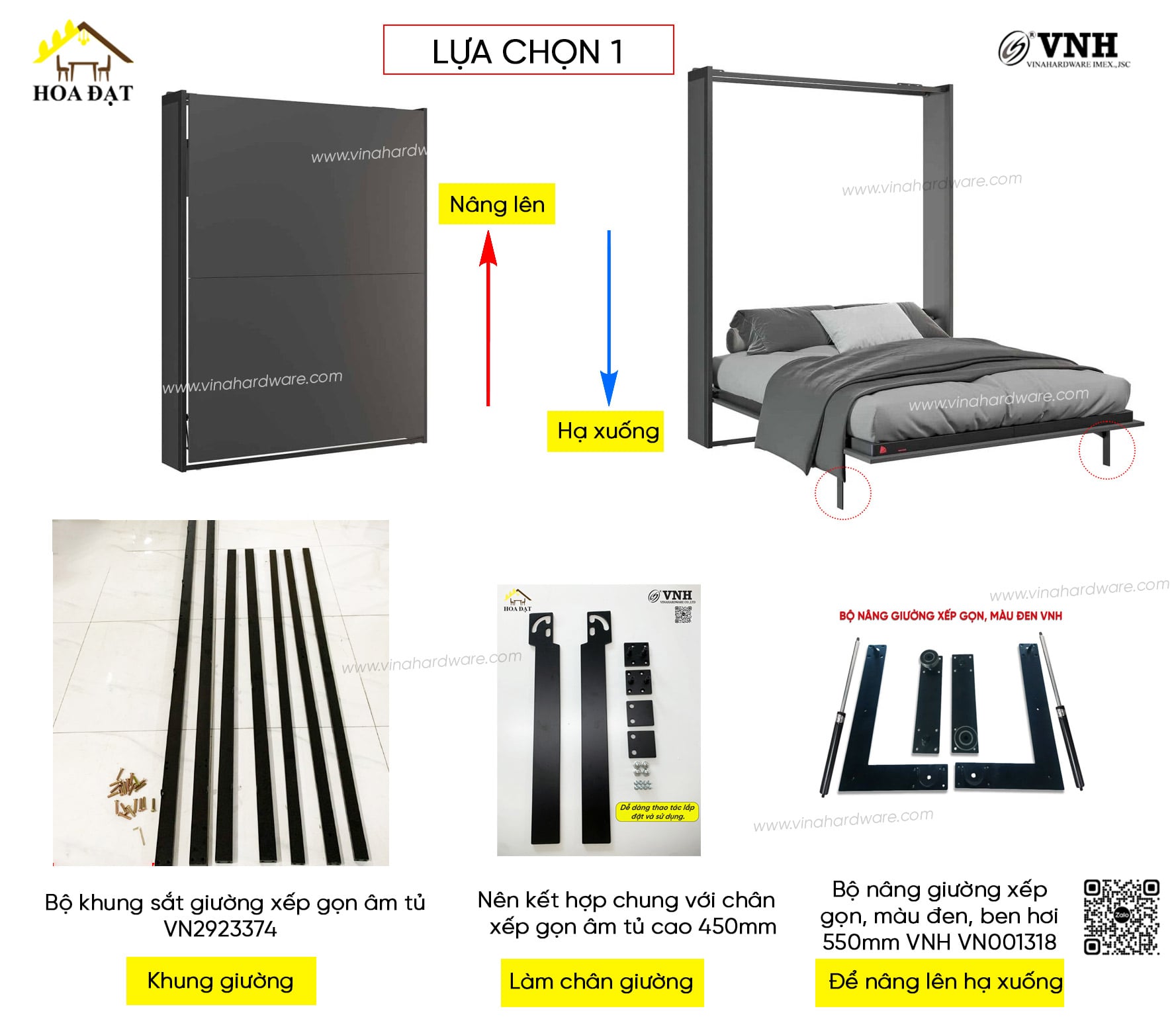 Bộ khung sắt giường xếp gọn âm tủ Vinahardware, sơn đen mờ VNH