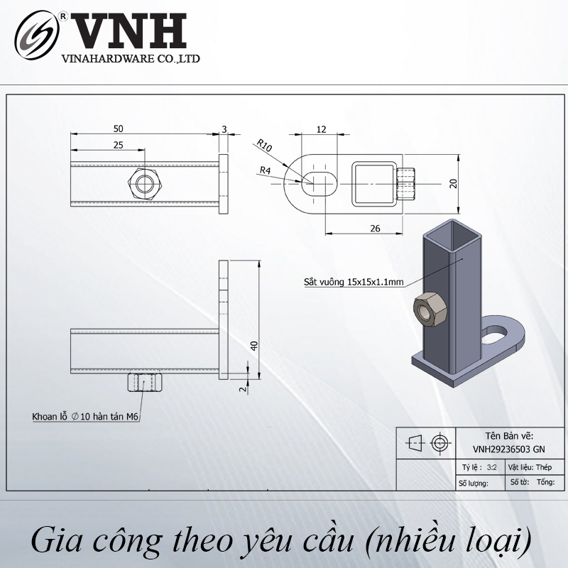 Pat (Bas) sắt 40x50x3 gắn ống rút, sơn đen mờ - 1608.1.40506