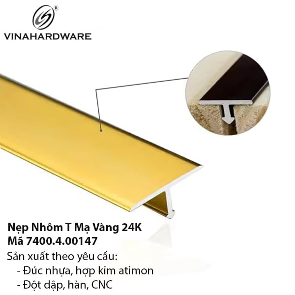 Nẹp nhôm Vinahardware dài 2.5m, chữ T8 màu vàng bóng NN02V-NN02V