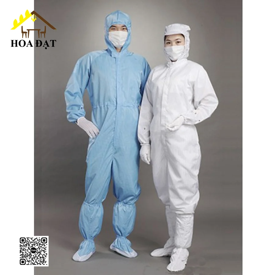 Quần áo phòng sạch vải poly tĩnh điện (trắng + xanh) - Đồ bảo hộ lao động
