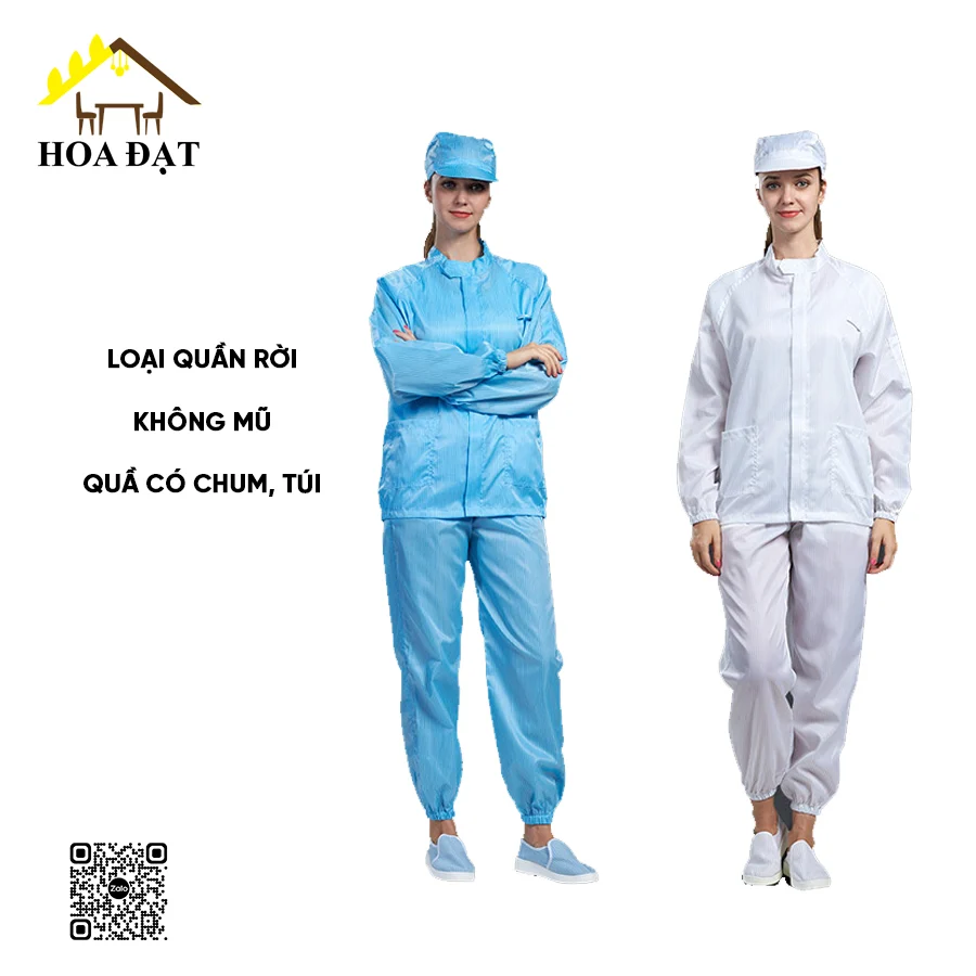 Quần áo phòng sạch vải poly tĩnh điện (trắng + xanh) - Đồ bảo hộ lao động