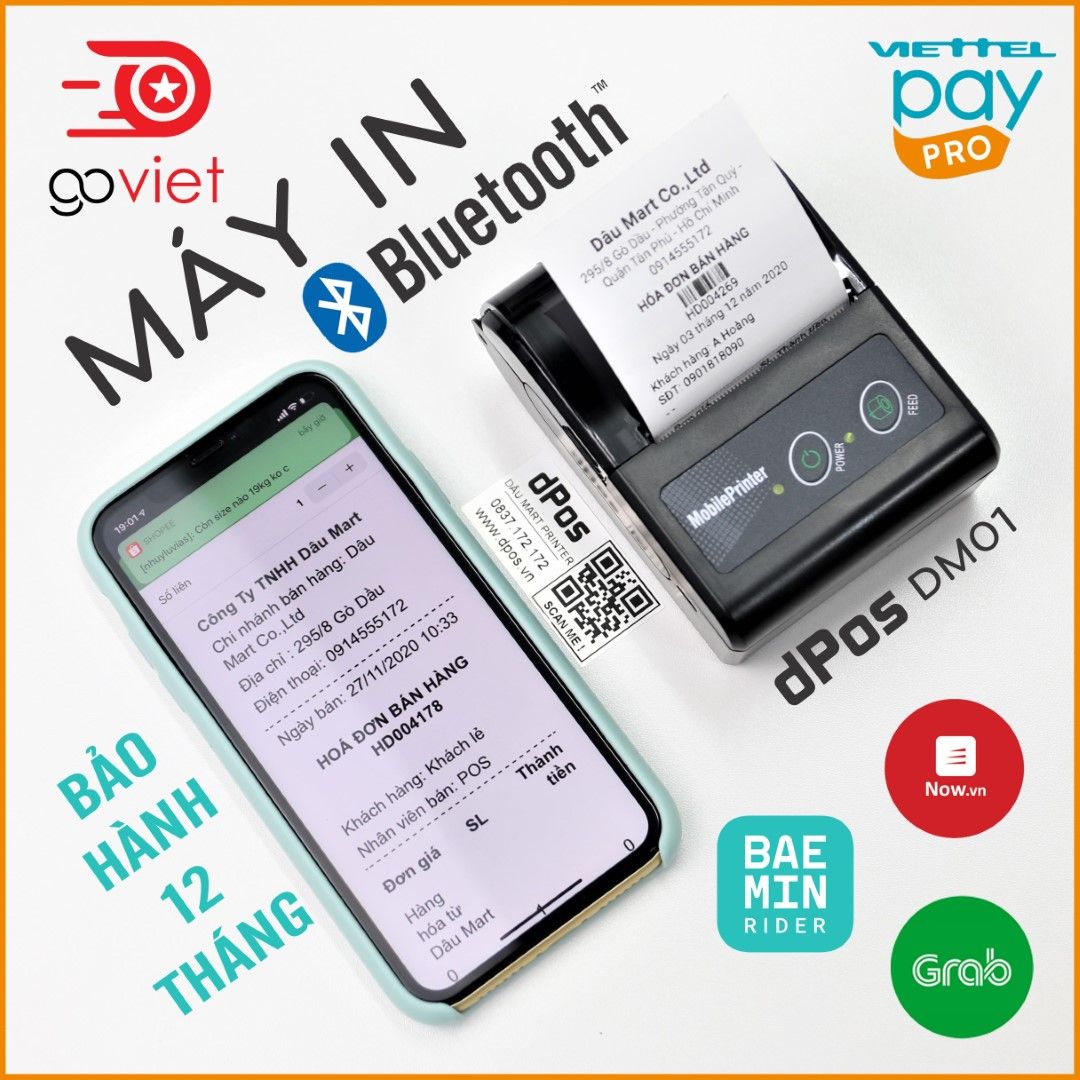 Máy in hóa đơn bluetooth dPos DM01 in bill từ ứng dụng Viettelpay pro, KiotViet, Sapo, Loyverse, GoViet, BeaMin, Now