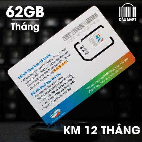  SIM 4G Viettel Tặng 60GB/Tháng (2GB/ngày) KM 12 tháng 