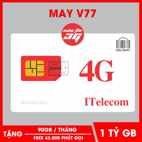 SIM 4G MAY V77 ITlecom Tặng 90GB/Tháng Gọi Miễn Phí Nội Mạng Ngoại Mạng và SMS 