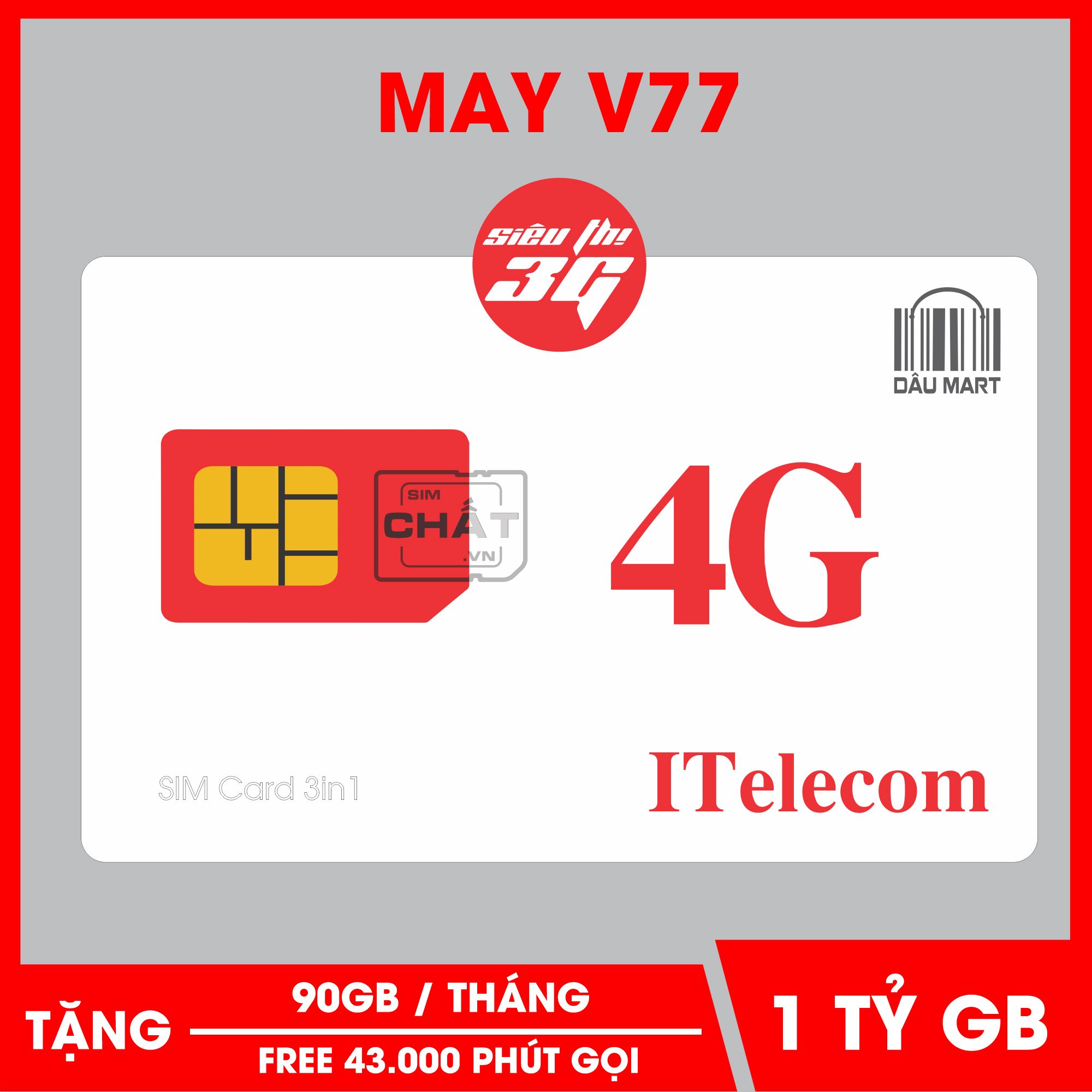 SIM 4G MAY V77 ITlecom Tặng 90GB/Tháng Gọi Miễn Phí Nội Mạng Ngoại Mạng và SMS