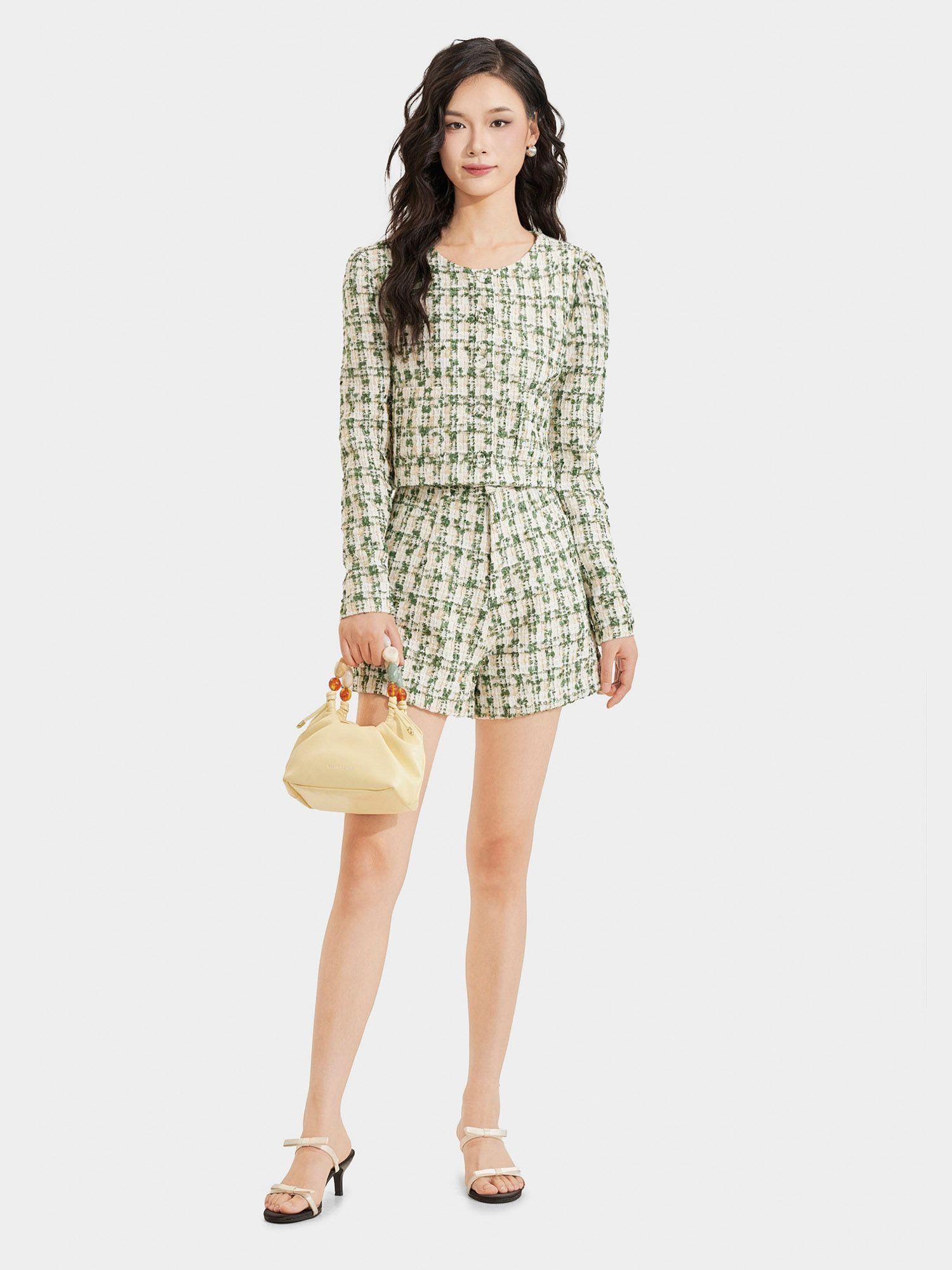  Áo khoác vải tweed cổ tròn cài nút bọc 