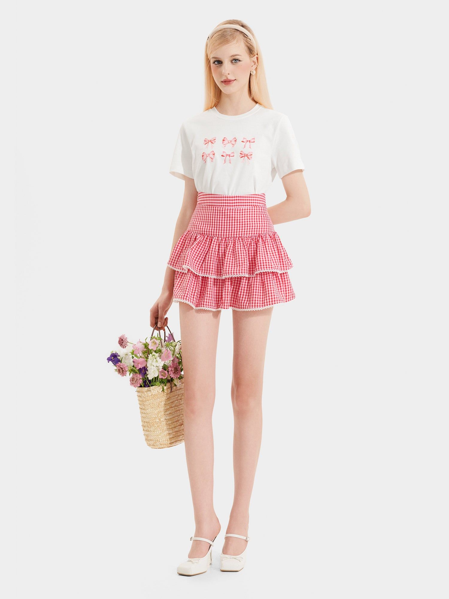  Váy mini caro 2 tầng phối ren 