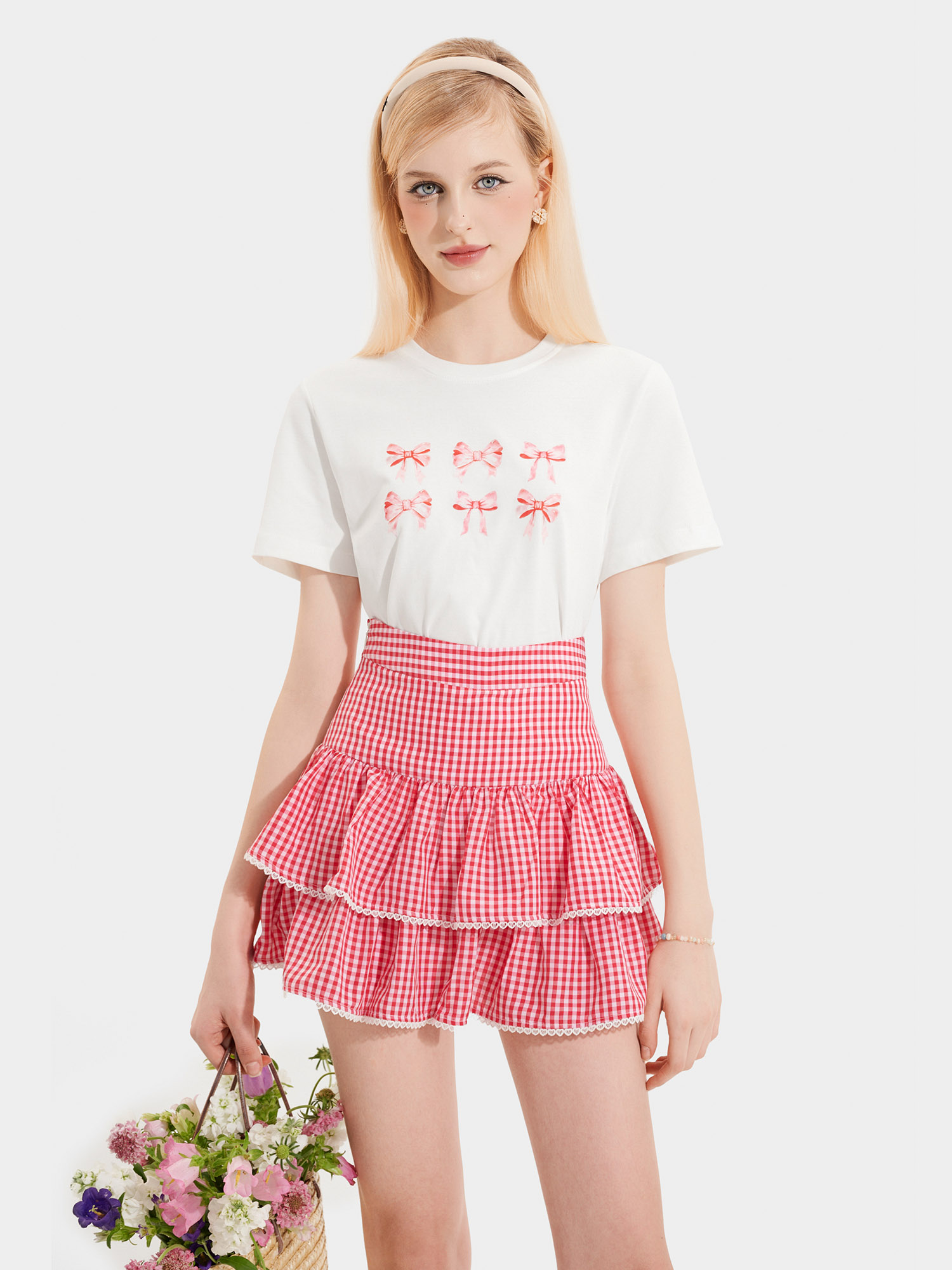 Váy mini caro 2 tầng phối ren