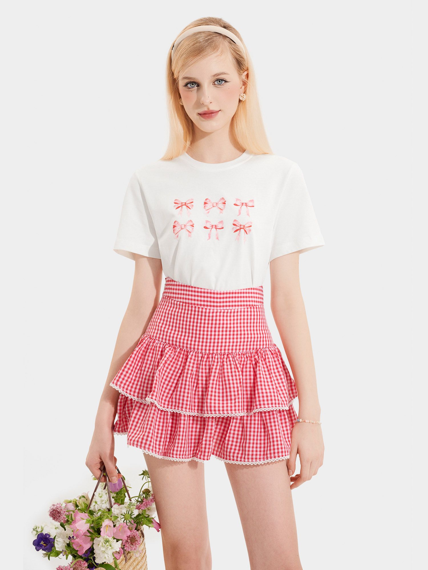  Váy mini caro 2 tầng phối ren 